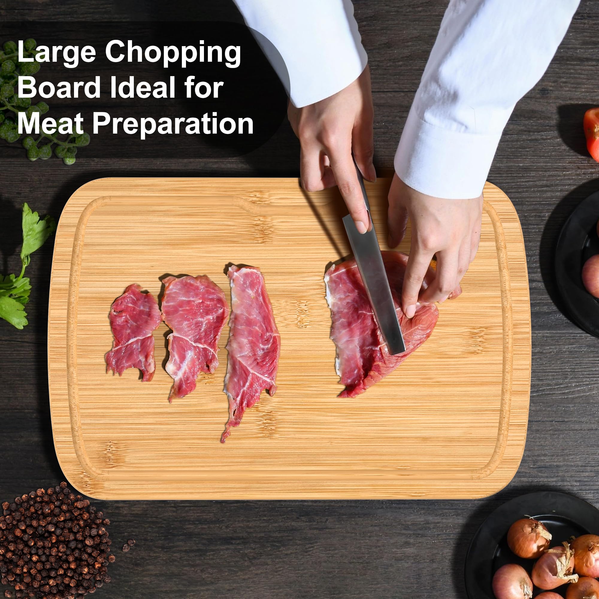 KitchenBoss Bambù Tagliere Legno con Scanalatura, Set di 3 Tagliere da Cucina38x25cm/33x20cm/25x15cm Cutting Board Duraturo per Carne, Verdure e Pane