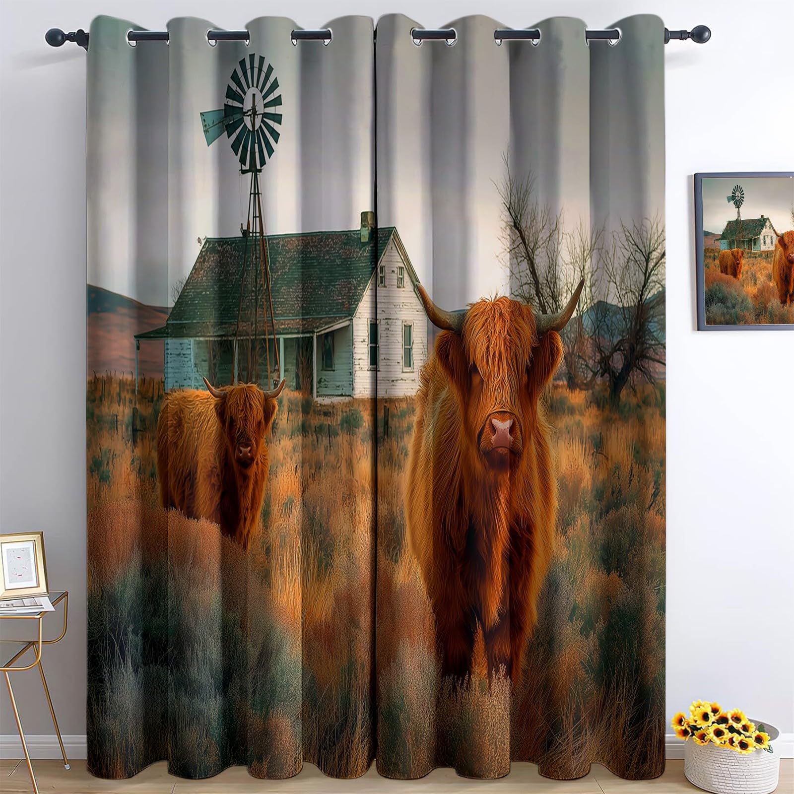 Blackout Vorhänge B200 x H178 cm Verdunkelungsvorhang mit Ösen, 3D-Druck Amerikanisches Ländliches Schottisches Vieh Vorhang Grau Weich Polyester Vorhänge für Wohnzimmer Schlafzimmer und Kinderzimmer