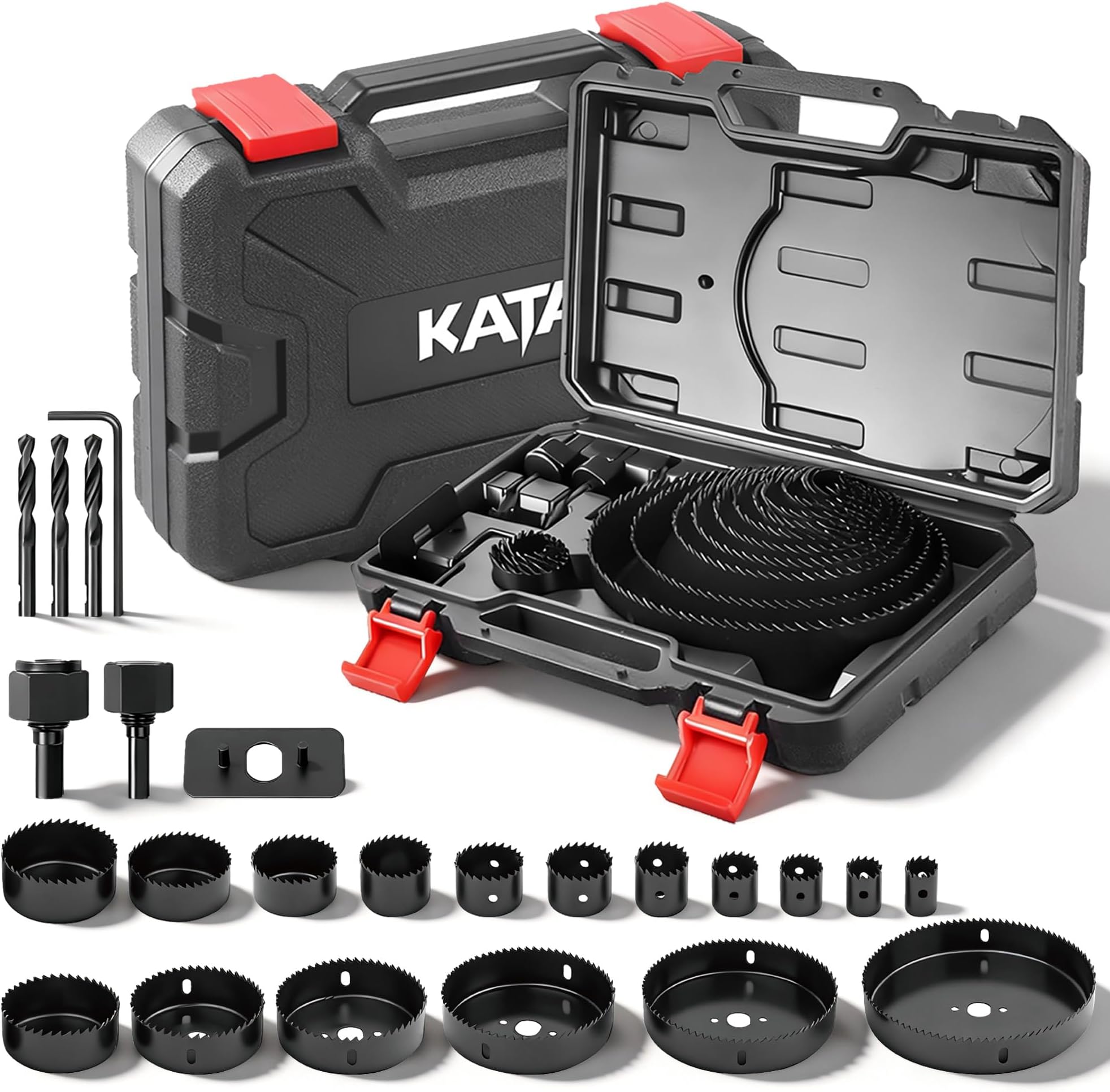 KATA Hole Saw Kit, 24PCS Hole Saw Set with 3/4"-6"(19-152mm) Multi-Size Saw Blades, Precision Hole Saw Drill Bit Kit with Mandrels & Solid Storage Case Cutting for Drywall, Soft Wood, PVC, Plastic