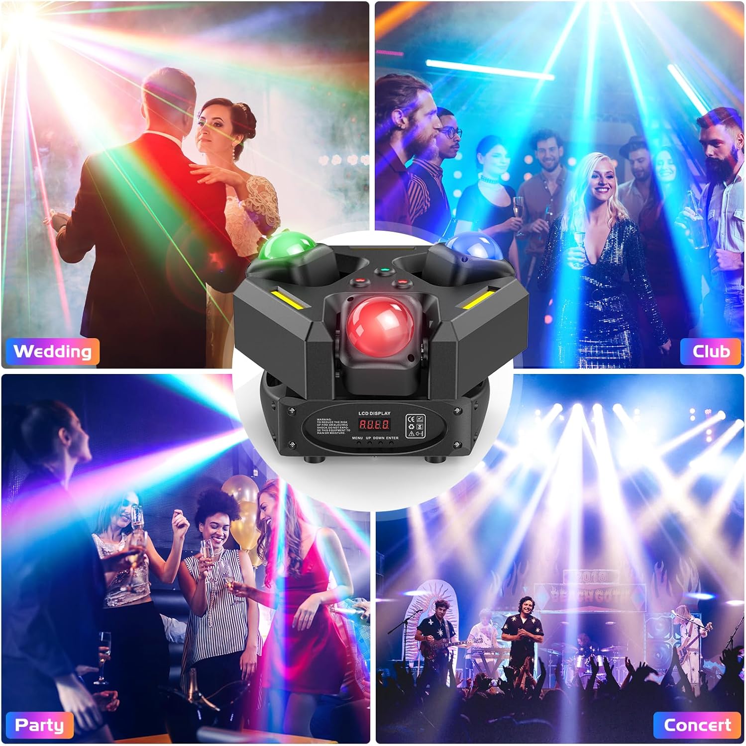 Moving Head DJ Lights, 150W RGBW LED Laser Stage Light, XY Dual-Axis Rotating, Strobe & Star Effect, Linear Dimming, DMX Sound Activated, Laser Party Lights for Live Show, Wedding, KTV Club, Bar