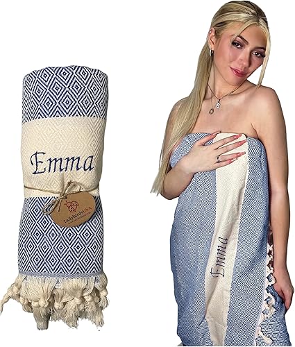 LadybirdsUSA Toalla de playa turca personalizada, 100% algodón, bordada, 39 x 71 pulgadas, secado rápido, sin arena, peso ligero, recuerdos de