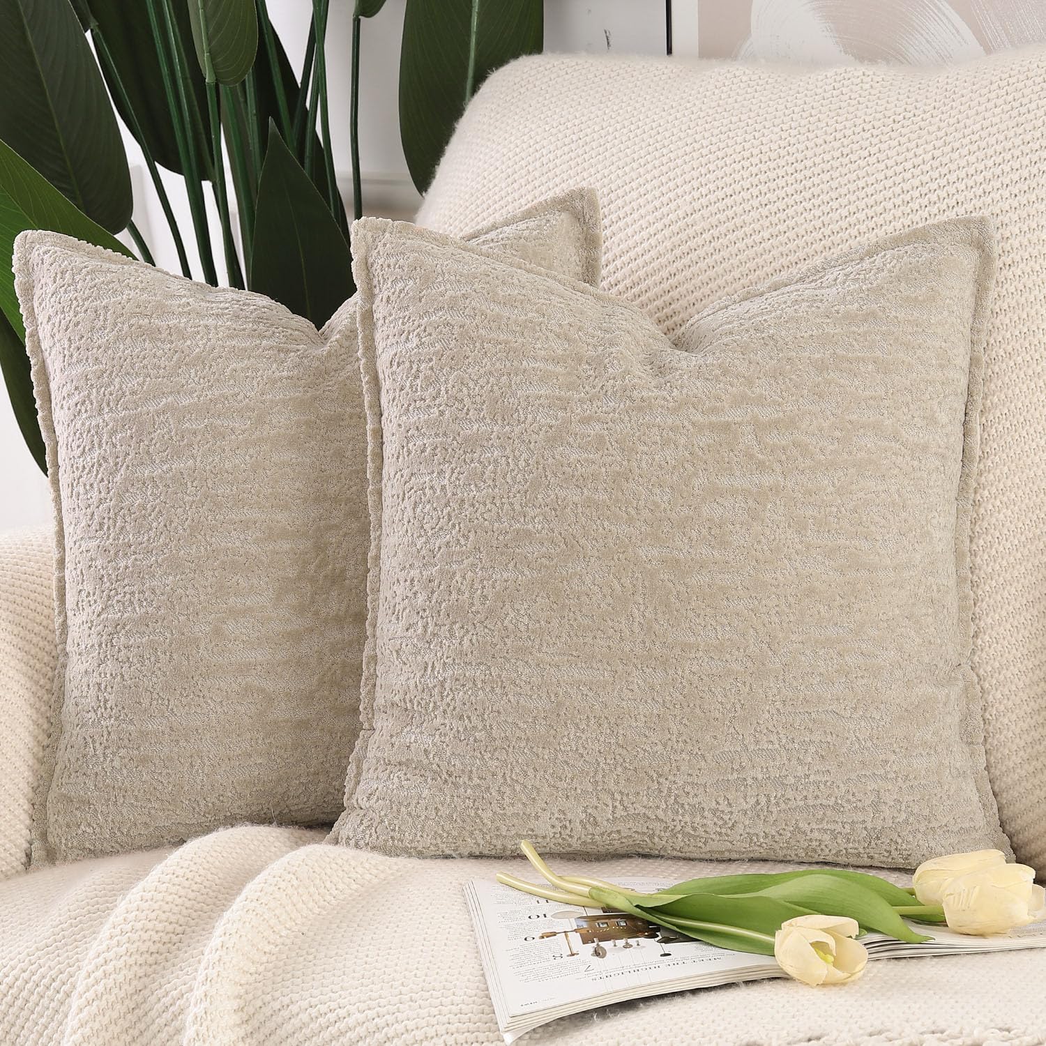 Madizz Pack of 2 Chenille Velvet Cushion Covers 60x60 cm Light Taupe Soft Neutral Decorative Throw Pillow Covers Accent Boho Pillowcases for Couch Sofa Modern Farmhouse Home Decor โ image 1
