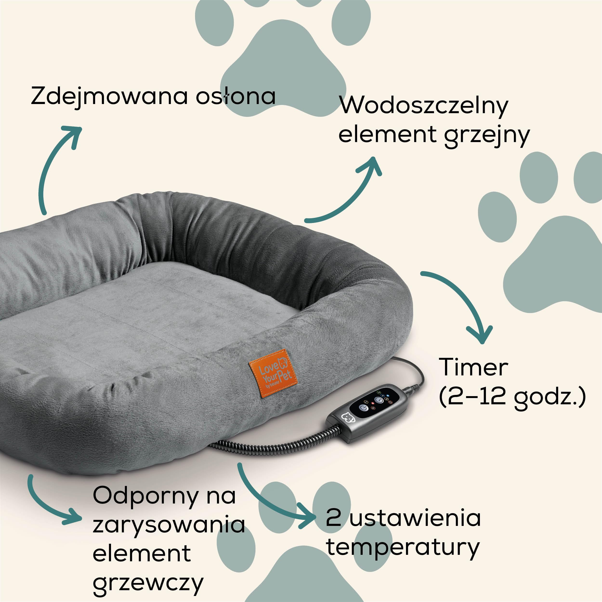 Beurer Love Your Pet Podgrzewane legowisko Kira dla psów i kotów, z timerem, przytulne legowisko dla kotów, możliwość prania w temperaturze 30°C, odporne na zadrapania i wodoodporne, 58 x 50 cm