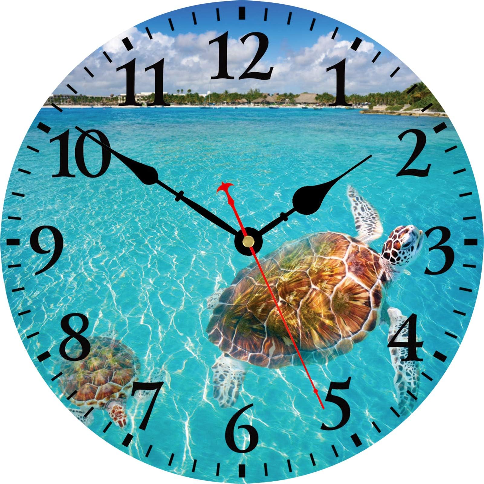 14 Inch Turtle Underwater Wall Clock, Silent Non Ticking Nautical Sea Round Clocks, Battery Operated Easy to Read Wall Clock for Living Room Kitchen Bathroom Office