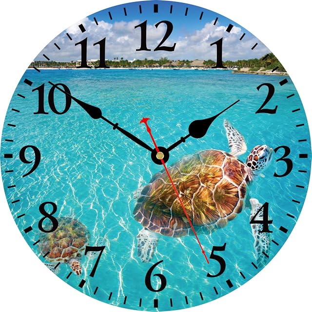 TAHEAT Turtle Underwater Wall Clock, Silent Non Ticking Nautical Sea Round Clocks, Battery Operated Easy to Read Wall Clock for Living Room Kitchen Bathroom Office, 14 Inch