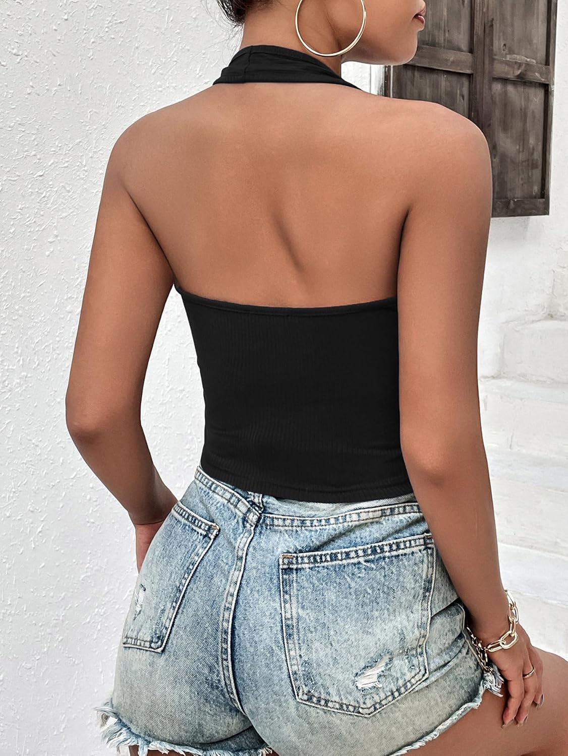 Ekouaer Women Halter Top Backless Scroop Neck Slim Stretchy Ribbed Knit Camisole Crop Tops S-XXL - Image 4