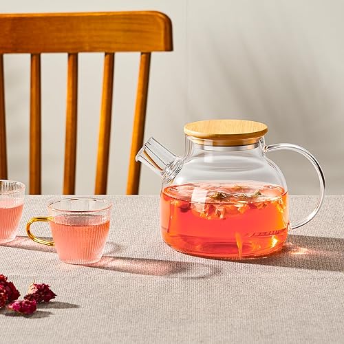 Miniatura 6 de PARACITY Tetera de vidrio de 34 onzas33.8 fl oz, hervidor de té transparente de borosilicato con tapa de bambú, tetera de vidrio con boquilla de