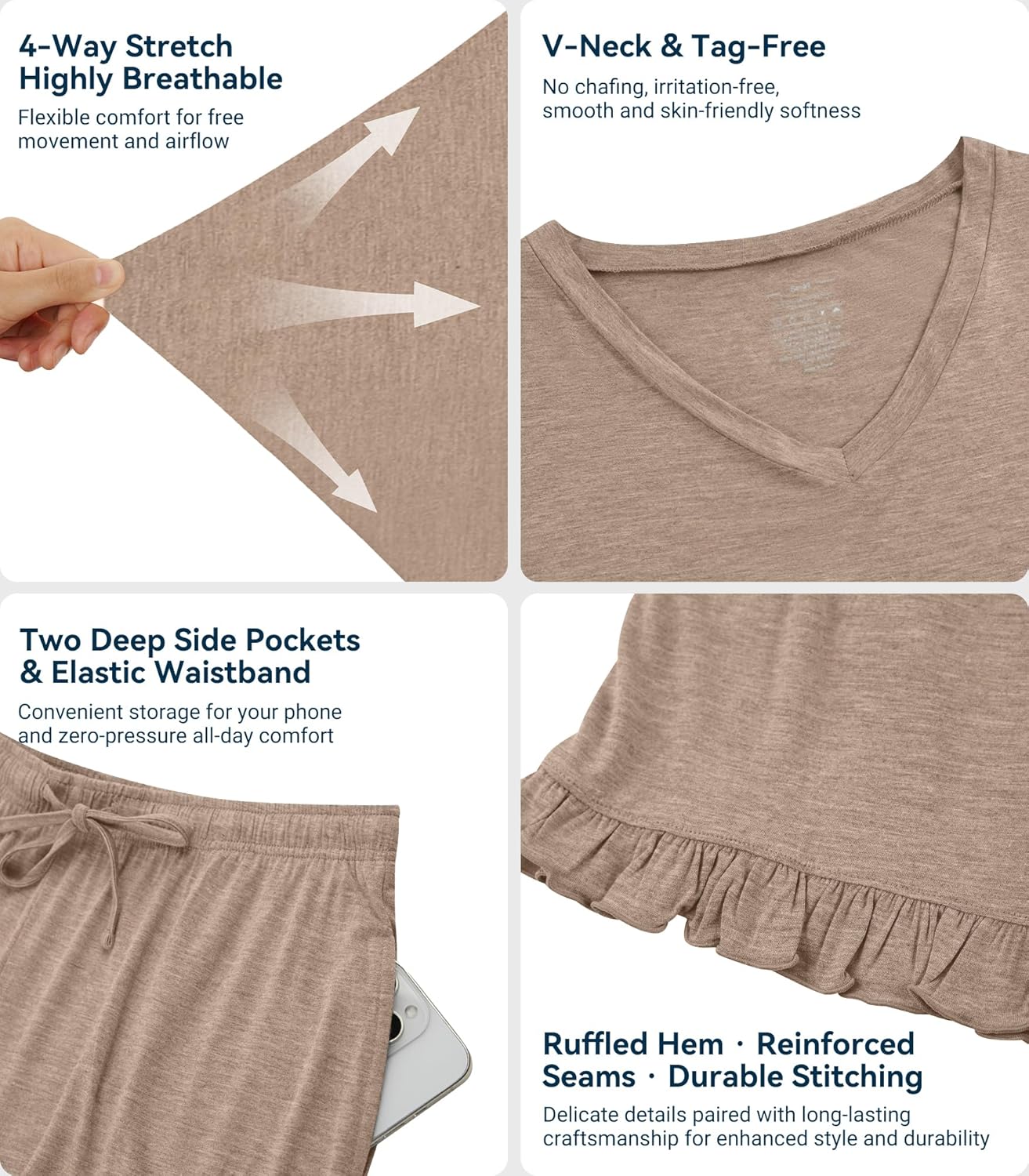 WiWi Womens Pajamas Set Bamboo Viscose Super Soft Short Sleeve Top Ruffle Shorts Sleepwear Cooling Pj Sets S-XXL - Image 4