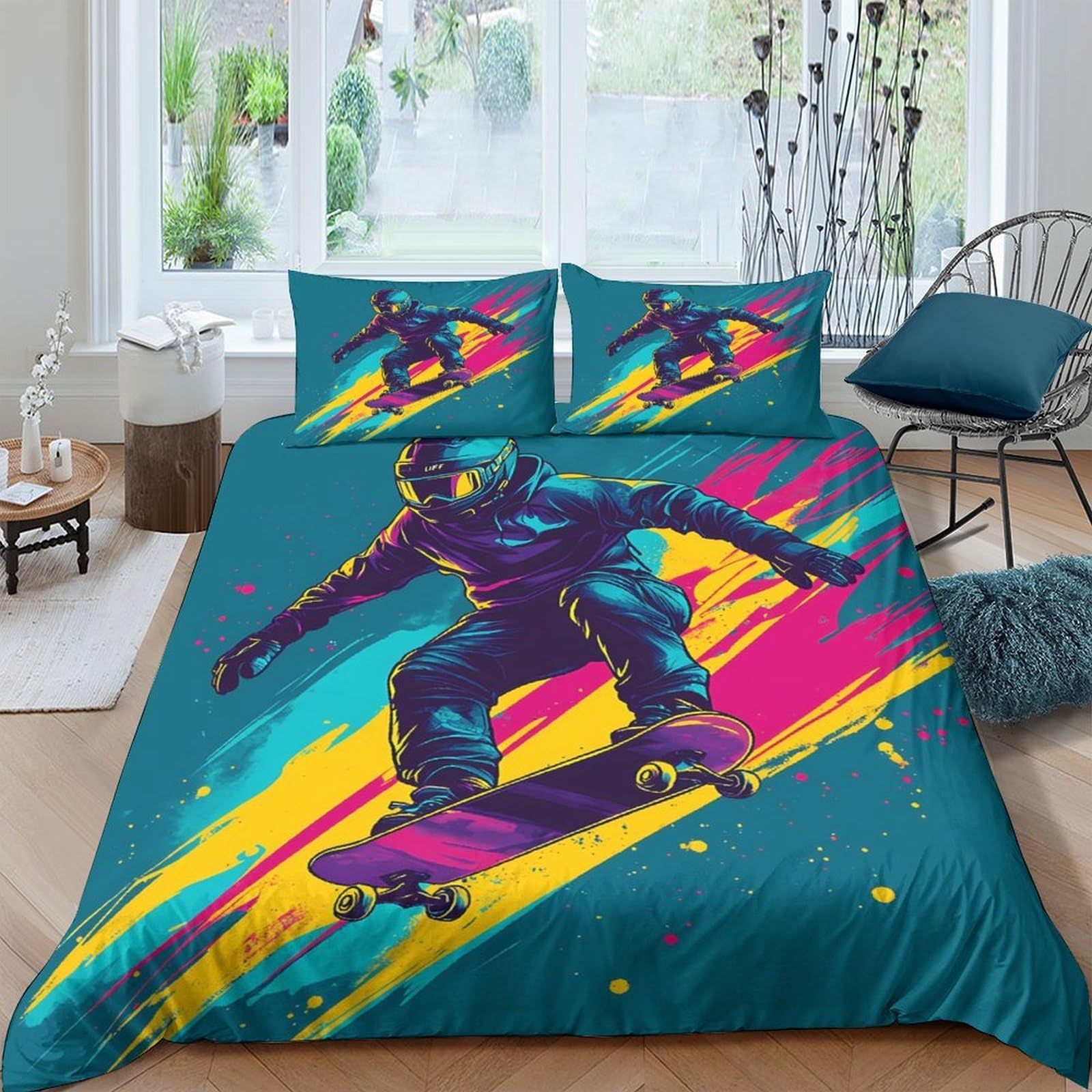 Ctjqhvkz Style-6 3D Printed Skateboard Graffiti Fitted Sheet Microfiber Colourful Street Art Mattress Cover For Bedroom Dorm Home Decor Single（135X200cm）
