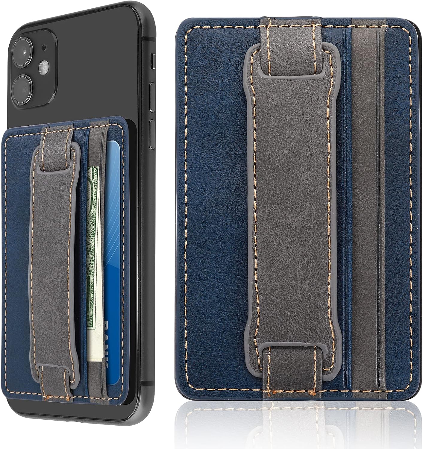 Cobee Cell Phone Card Holder Pouch, Self-Adhesive Phone Kickstand with Elastic Band Stick on Wallet Card Holder for Back of Phone Case Leather ID Card Holder Sleeve Pouch Credit Card Grip Holder(Blue)