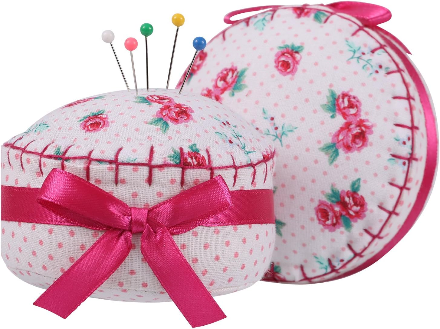 NEOVIVA Fabric Coating Fully Padding Pin Cushions Set of 2 for Sewing and Quilting, Pack of 2, Style Cupcake, Floral Fuchsia Roses