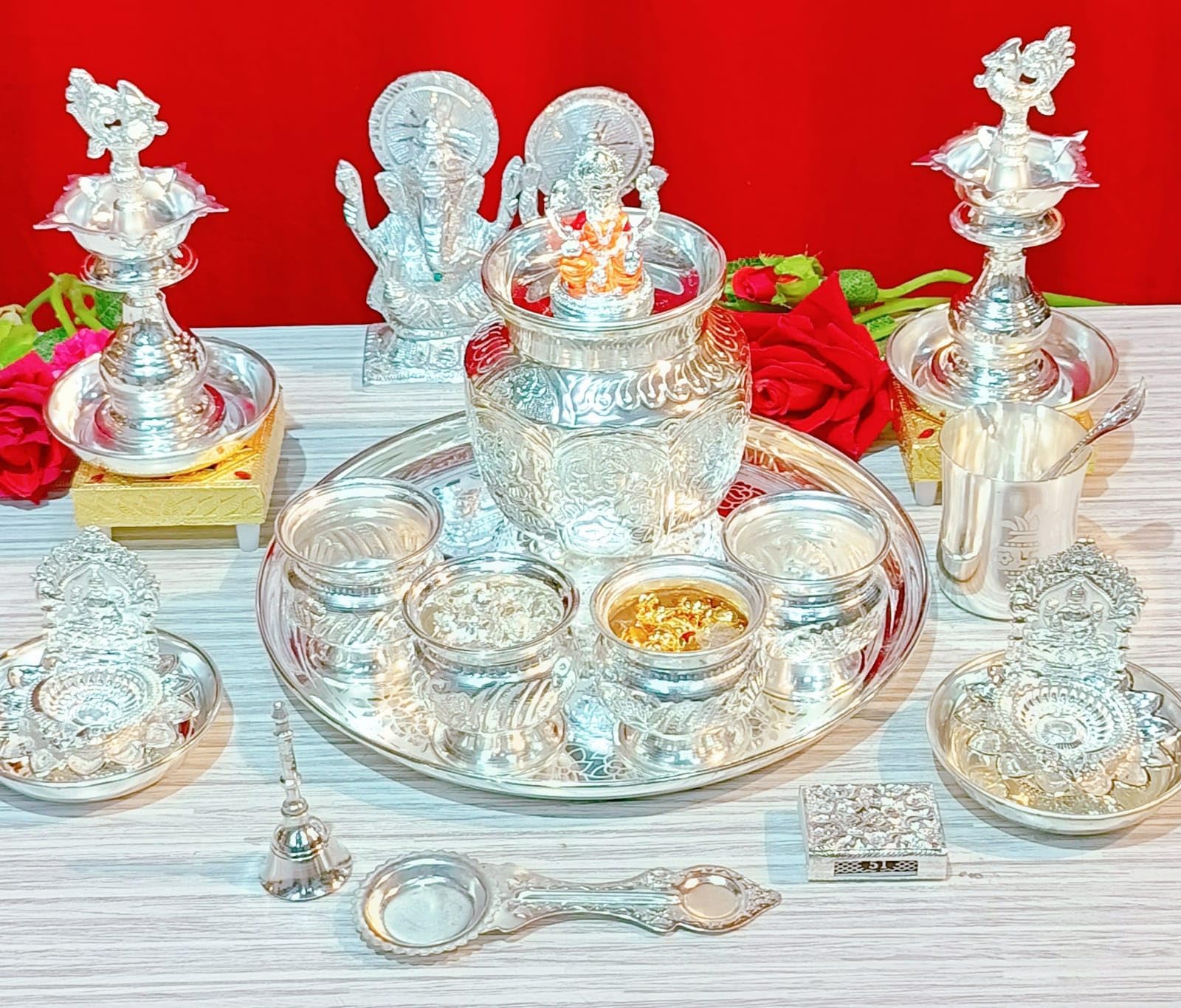 German silver Laxmi idol Pooja set - 23 pieces set of 23 pieces for diwali/housewarming