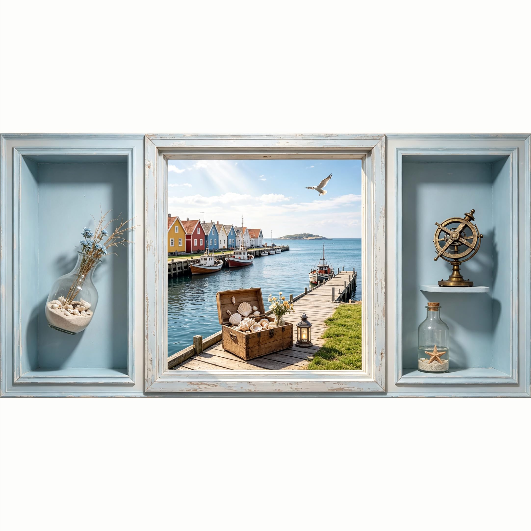 QZLITHOTIC 50x100cm 3D Framed Wall Art， Coastal Harbor Seascape Treasure Chest， Self‑Adhesive Mural， Water‑Activated Peel & Stick Fabric Decor Wall Decal for Bedroom Living Room