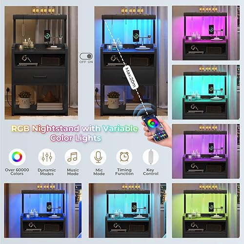 Miniatura 4 de VIAGDO Juego de 2 mesitas de noche con estación de carga y luces LED, mesita de noche negra con cajón, mesa auxiliar moderna con estantes de Negro