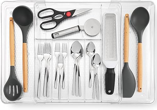 Miniatura 7 de Masirs Organizador de cajones de utensilios expandible, bandeja de cubiertos transparente de plástico sin BPA con múltiples compartimentos,