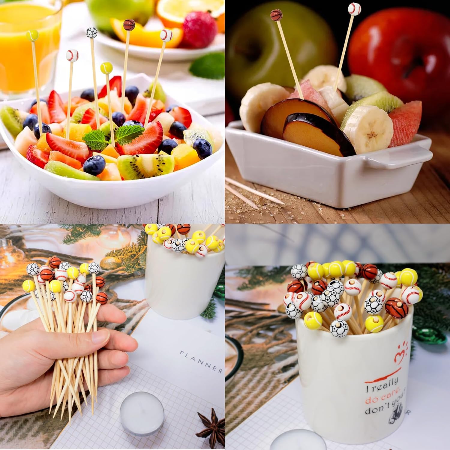 Honbay 100PCS Sports Ball End Bamboo Cocktail Picks Fruit Food Hamburger Toothpicks Cupcake Toppers Sandwich Appetizer Decorative Skewers Drink Garnish Sports Theme Party Decoration Sticks - 4 Styles