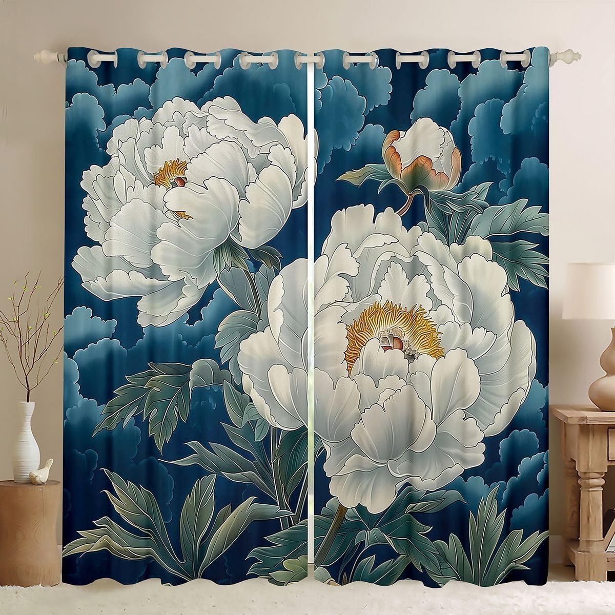Boho White Peony Window Curtains 38"Wx45"L Elegant Flower Floral Bohemian Blackout Curtains for Bedroom Living Room,Spring Groovy Floral Window Treatments Chic Fashion Drapes Decor 2 Panels