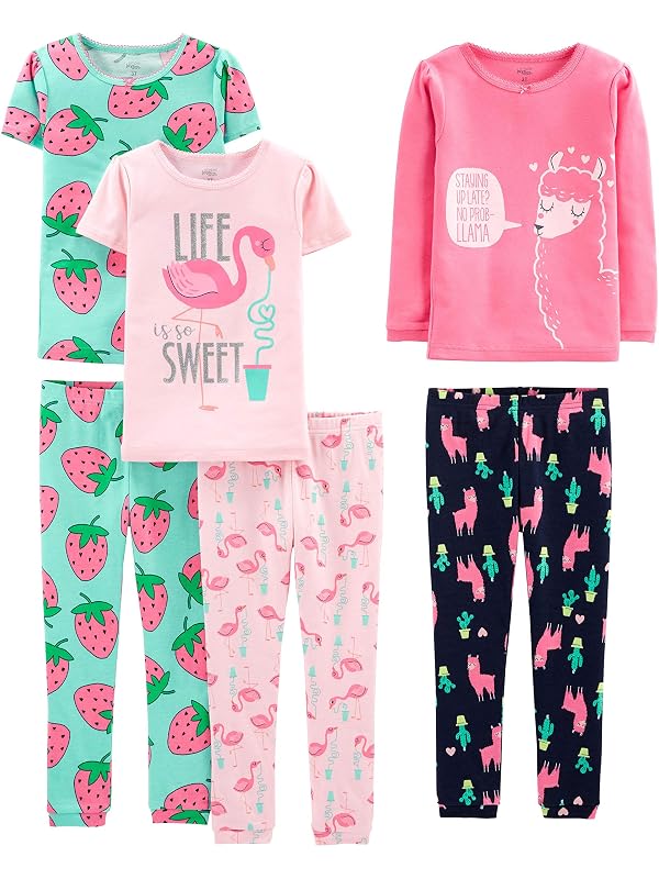 Simple Joys by Carter's Toddler Girl's 6-Piece Snug Fit Cotton Pajama Set Sleepwear, flamingo/strawberries/Llama, 2T by Simple Joys by Carter's - Used condition - US$24.23