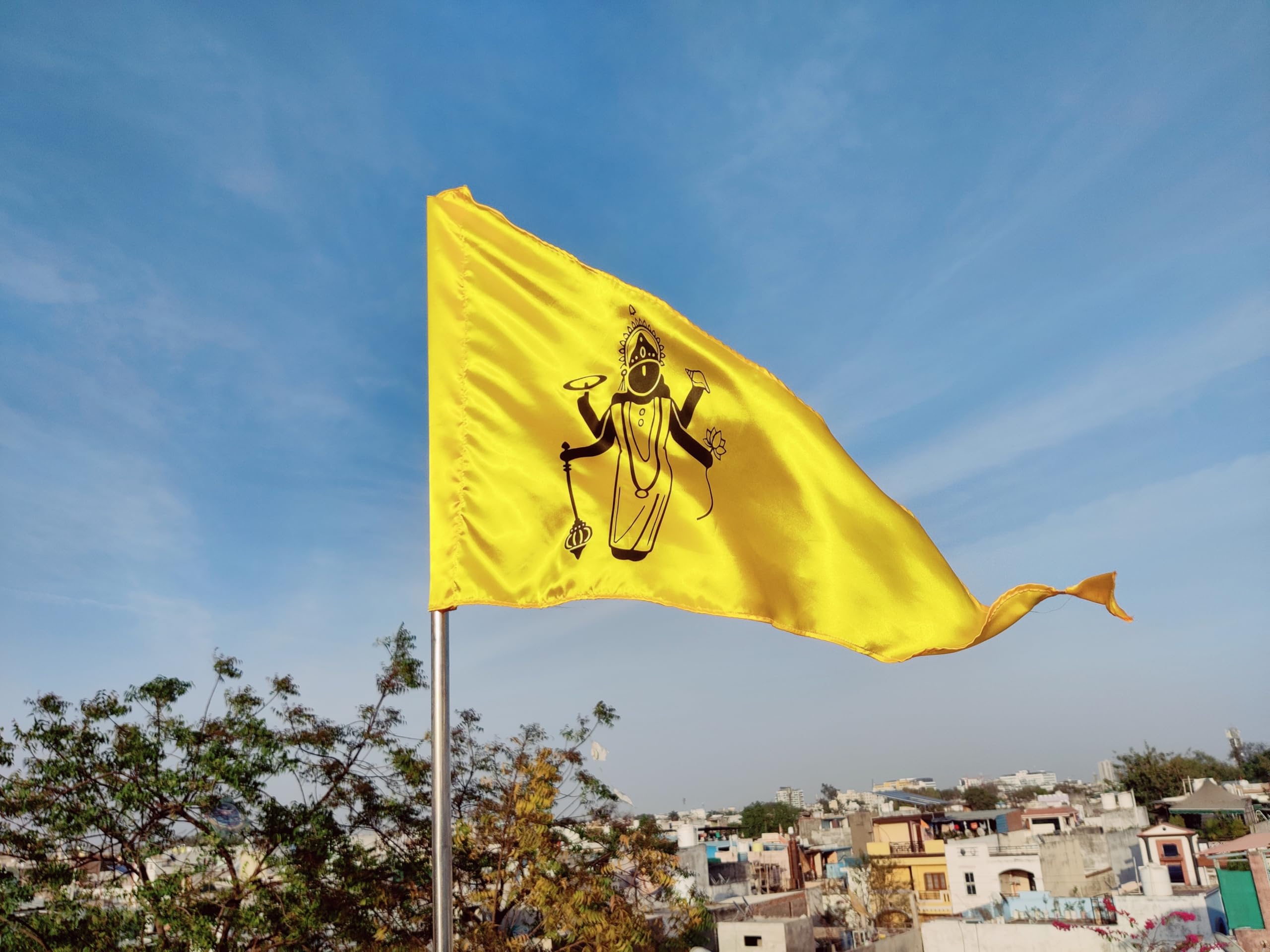 La Jarden® GOLDEN YELLOW medium size Shri Vishhnu, shri Hari flag of Silky, Shiny, Satin fabric, God Shri Vishnu yellow triangle flag to ward off negative energy, Baikunthadhipati, Garudadhipati dhwaja, Krishnay, Laxmipati (Pack of 1) 26x40 inches [2.16 x 3.3 feet]-image-22