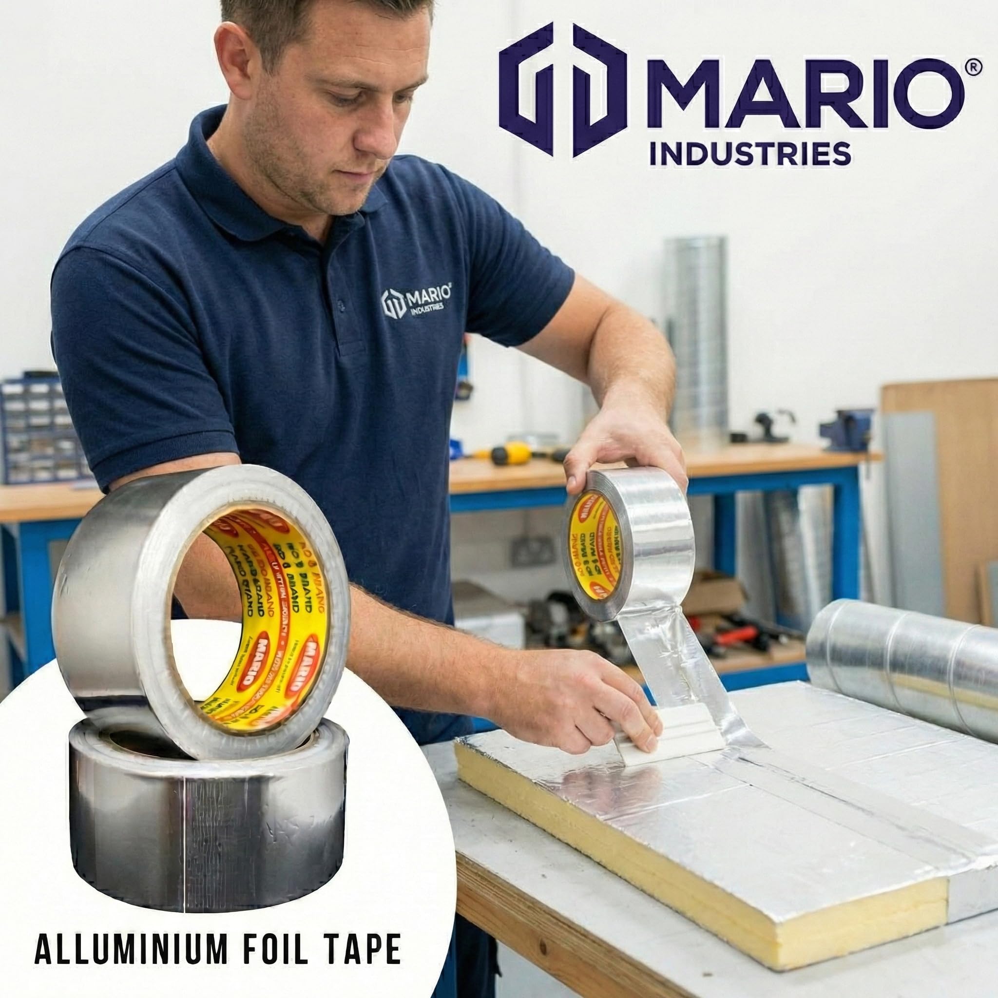 Mario Aluminium Foil Tape – Silver Tape – 48mm (2 inch) Width, 20mtr Length–1 Roll – Heavy-Duty Foil Tape for Air Duct Sealing, HVAC, AC Ducting, Pipe Insulation & High-Temperature Applications 4