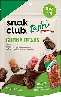 Snak Club Tajin Chocolatey Gummy Bears, Assorted Chocolate Covered Fruit Candy Gummies with Chili and Lime Seasoning, Mild, Gluten-Free Snacks, 8 oz Resealable Bag