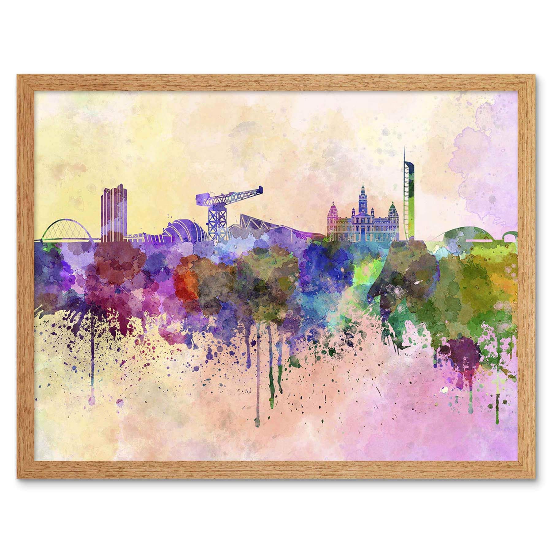 Wee Blue Coo Painting Illustration Cityscape Paint Splash Skyline Glasgow Art Print Framed Poster Wall Decor 12X16 Inch