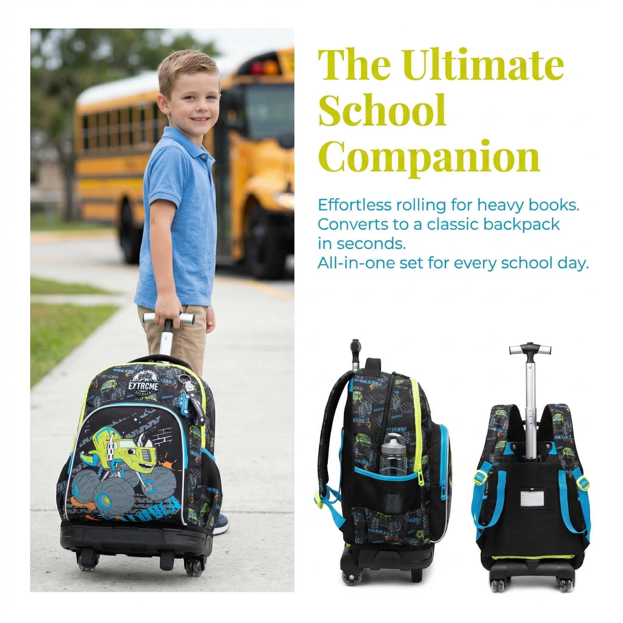 Kinder Rucksack mit Rollen für Jungen die Schule Faltbar Dünenbuggy Koffer Schultrolley Komplett mit Lunchbag Federmäppchen Set Geeignet Grundschüler Jugendliche 5-12 Jahre Alt Blau