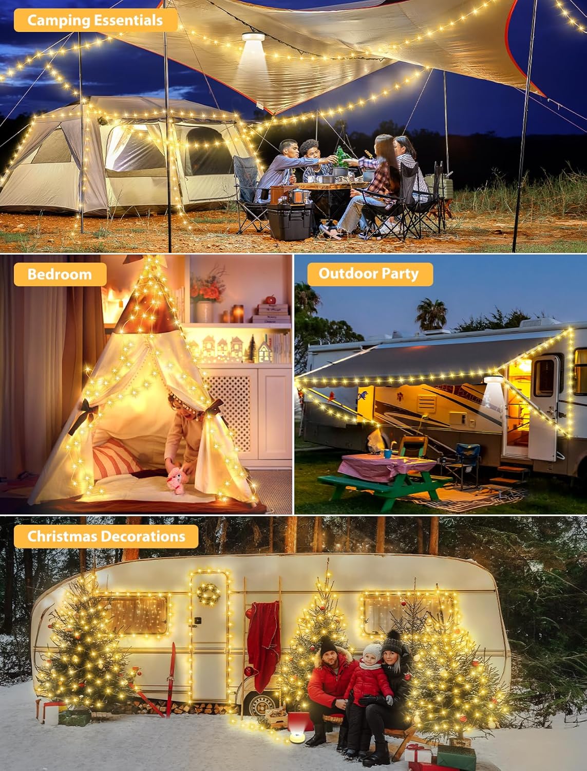 2Pack Camping String Lights, 4 in 1 Quick Storage Camping Essentials Gear 32.8FT Rechargeable Tent Lights with 6 Modes Hanging Waterproof LED Camp Lamp for Camping Hiking Patio Festival- Warm White