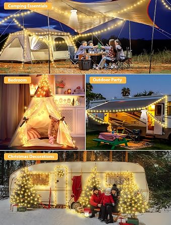 Camping String Lights, 4 in 1 Quick Storage Camping Essentials Gear 32.8FT Rechargeable Tent Lights with 6 Modes Hanging Waterproof LED Camp Lamp for Camping Hiking Patio Garden Festival-Warm White