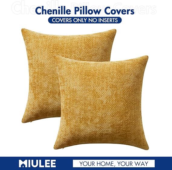 MIULEE Pack of 2 Gold Throw Pillow Covers 18x18 Inch Mustard Yellow Summer Modern Boho Accent Decorative Pillow Covers Soft Chenille Farmhouse Cushion Covers for Home Decor Couch Bed Sofa Living Room