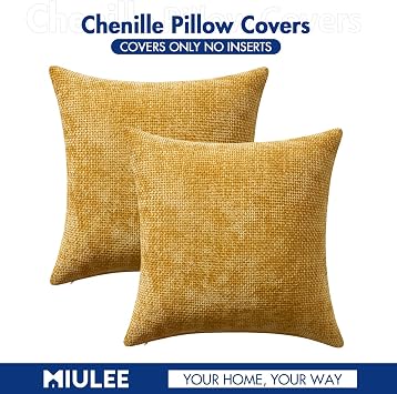 MIULEE Pack of 2 Gold Throw Pillow Covers 18x18 Inch Mustard Yellow Summer Modern Boho Accent Decorative Pillow Covers Soft Chenille Farmhouse Cushion Covers for Home Decor Couch Bed Sofa Living Room