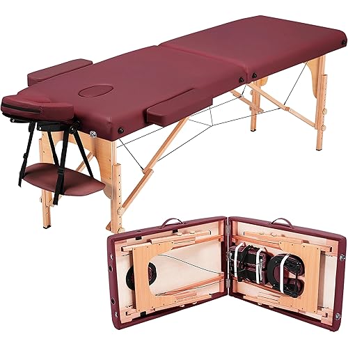 Yaheetech Massage Tables Portable Massage Bed Massage Therapy Table Spa Bed 84 Inch Adjustable 2 Fold Salon Bed Face Cradle Bed with Non-Woven Bag, Burgundy