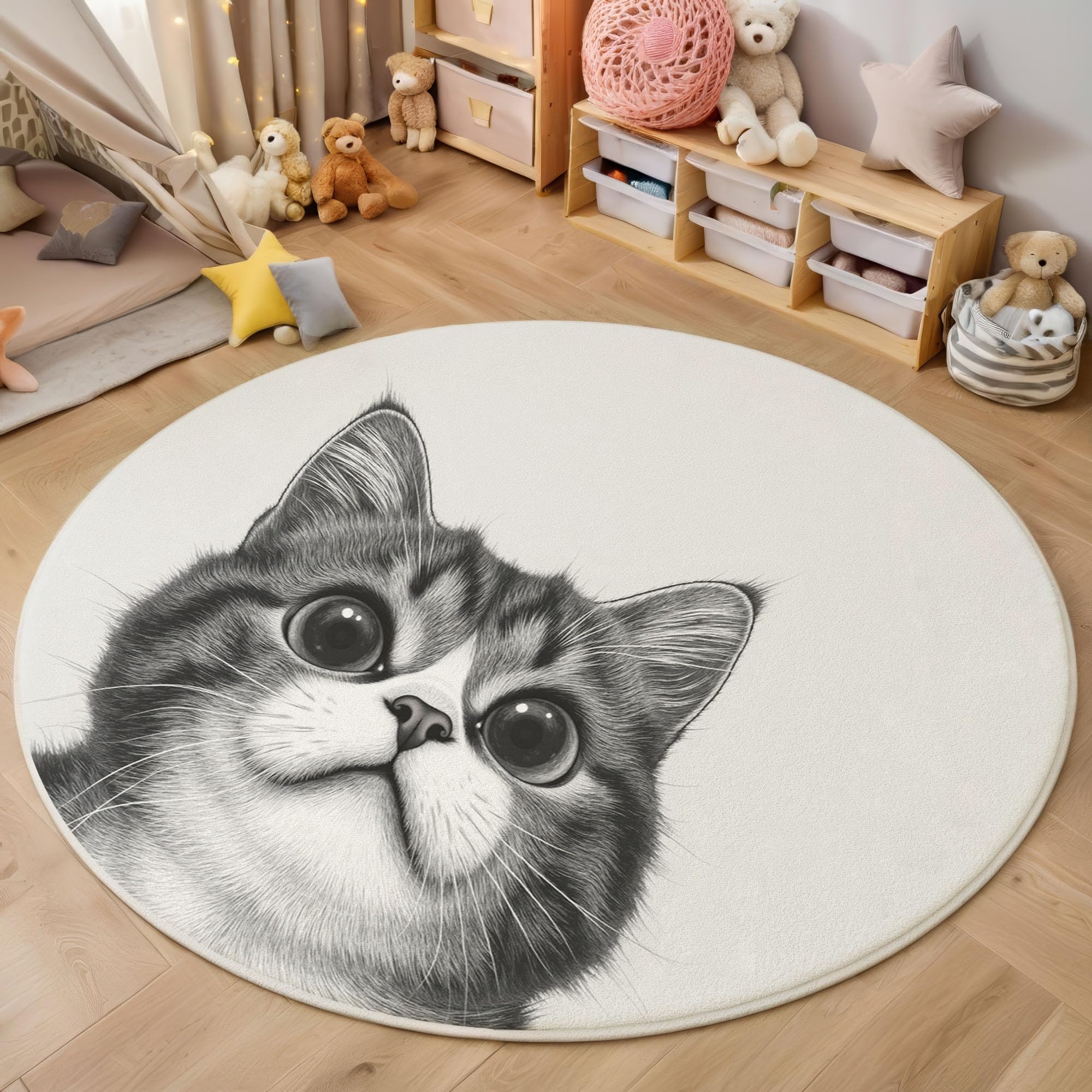 Tapis de chambre lavable rond 160 cm motif chat mignon avec envers antidérapant