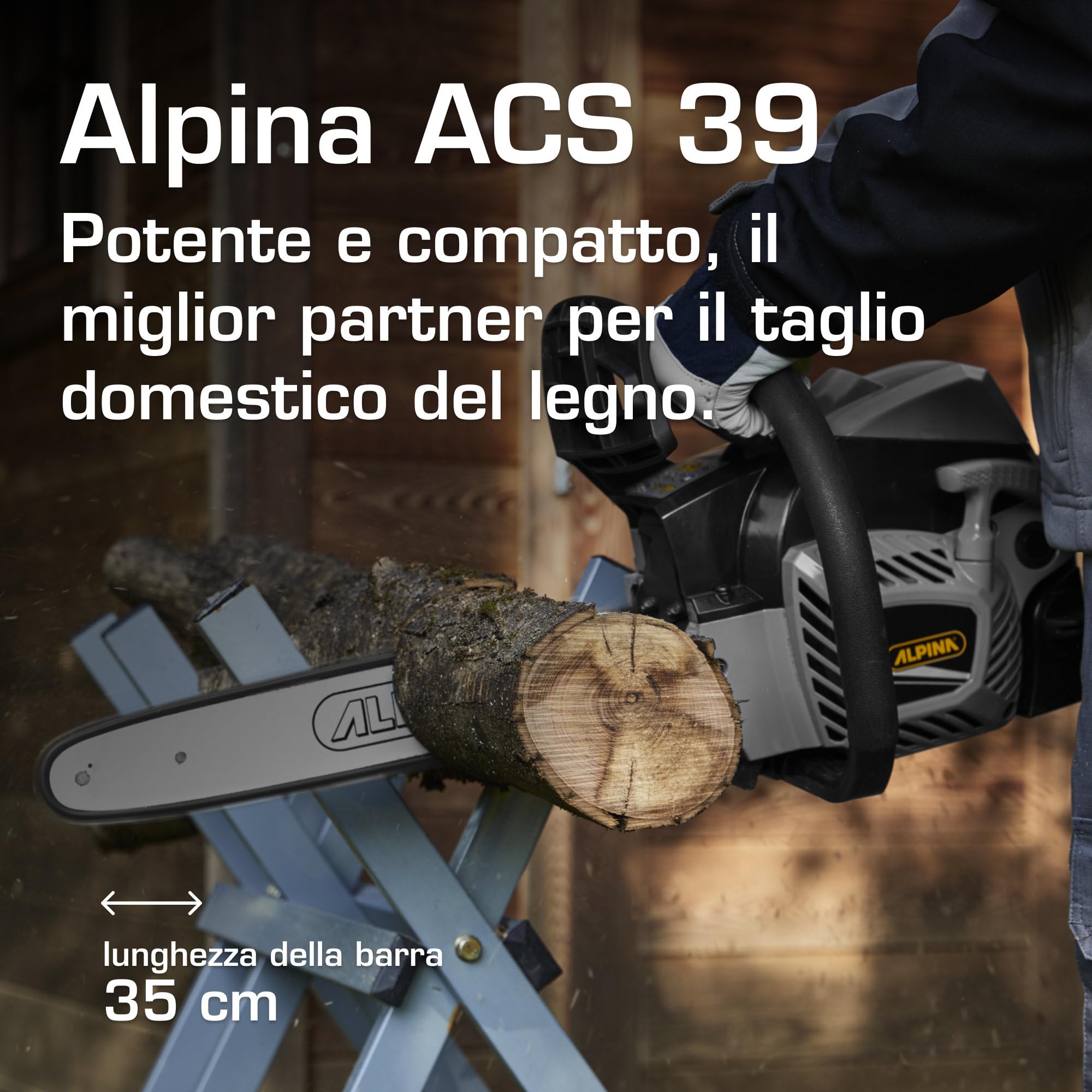 Alpina ACS 39 Motosega a Scoppio, 1.2 kW, 35 cm – Easy Start, Pompa Olio Automatica Regolabile – Per taglio legno domestico