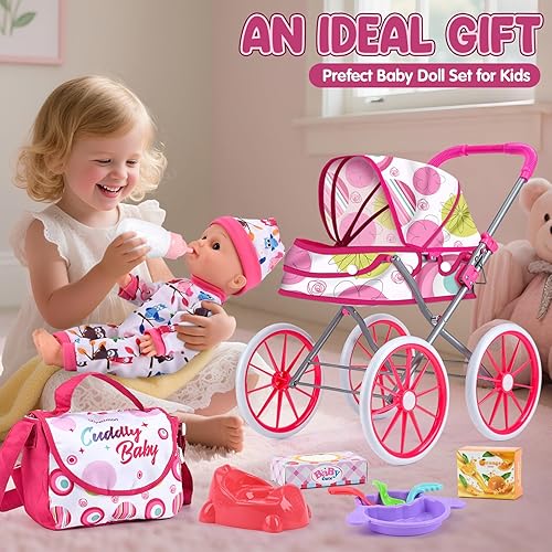 Miniatura 7 de Juego de cochecito de bebé con muñeca de 12.5 pulgadas, cambio de pañales, 2 ropa de muñeca, chupete, bolsa de almacenamiento, accesorios para