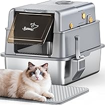 PalNests Lettiera per Gatti in Acciaio Inox, Lettiera per Gatti XXL con Coperchio Ribaltabile a 105° e Paletta, Lettiere in Metallo Rimovibile con Tappetino, con Deodorante per Lettiere per Gatto