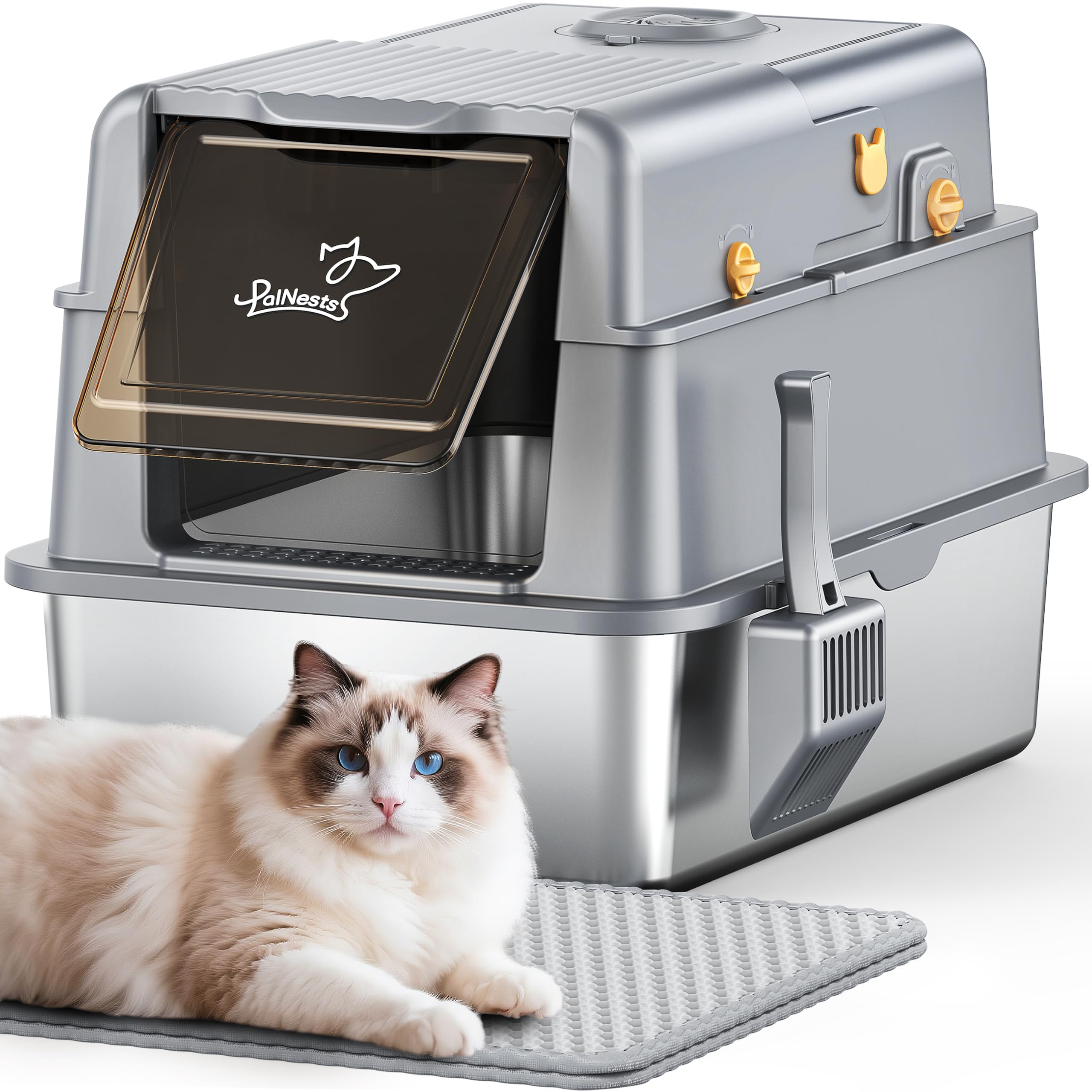 PalNests Lettiera per Gatti in Acciaio Inox, Lettiera per Gatti XXL con Coperchio Ribaltabile a 105° e Paletta, Lettiere in Metallo Rimovibile con Carbone Attivo, con Deodorante per Lettiere per Gatto