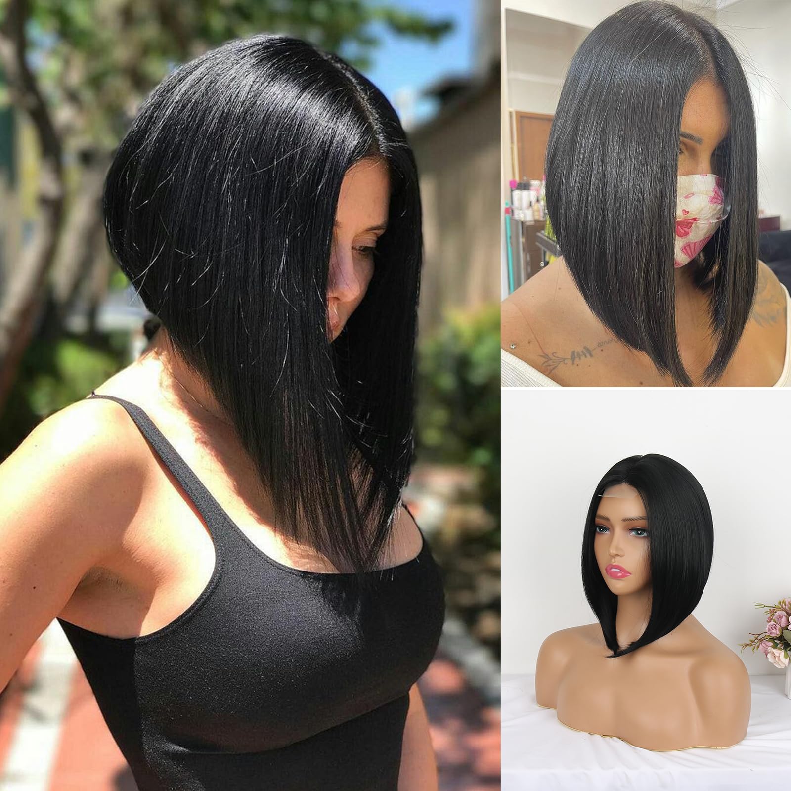 CINHOO Short Razored A-Line Bob Black Women Wigs,Angled Cut Bob Wig Synthetic Short Straight Bob Lace Front Wig Shoulder Length Wigs for Women Daliy