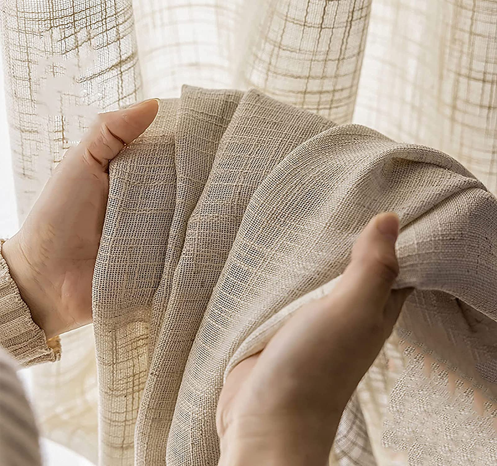Rideaux en Lin Naturel Plissé Semi-Transparent de 300x270cm pour Salon - Coloris Hook Up