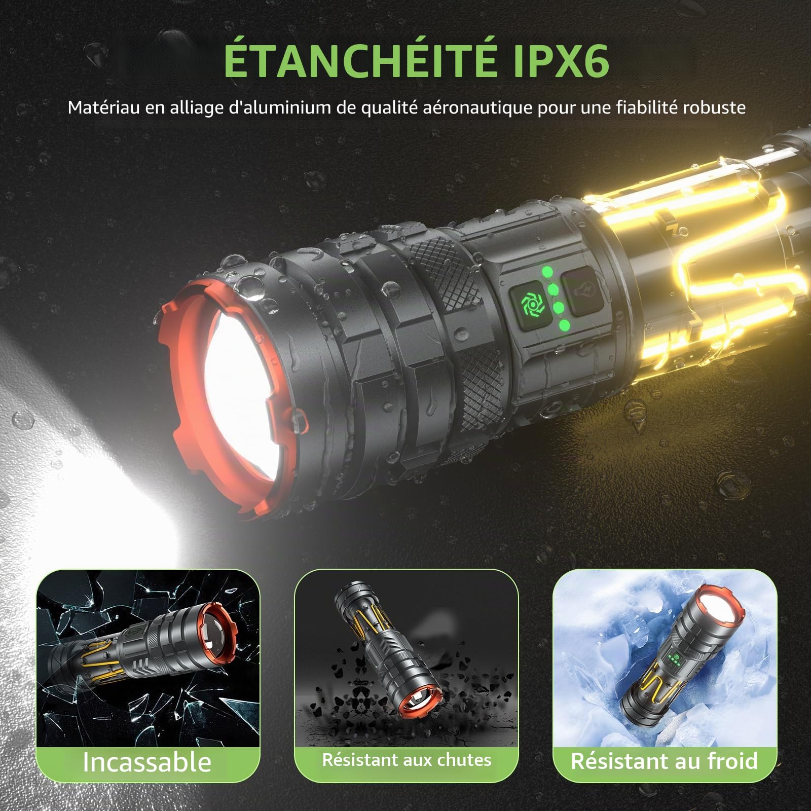 Lampe Torche LED Ultra Puissante, 900000 Lumens Lampe Torche Rechargeable avec Lumière Camping, Zoomable, 11 Modes, Étanche Portable Tactique Militaire Lampe de Poche pour Camping Randonnée Urgence
