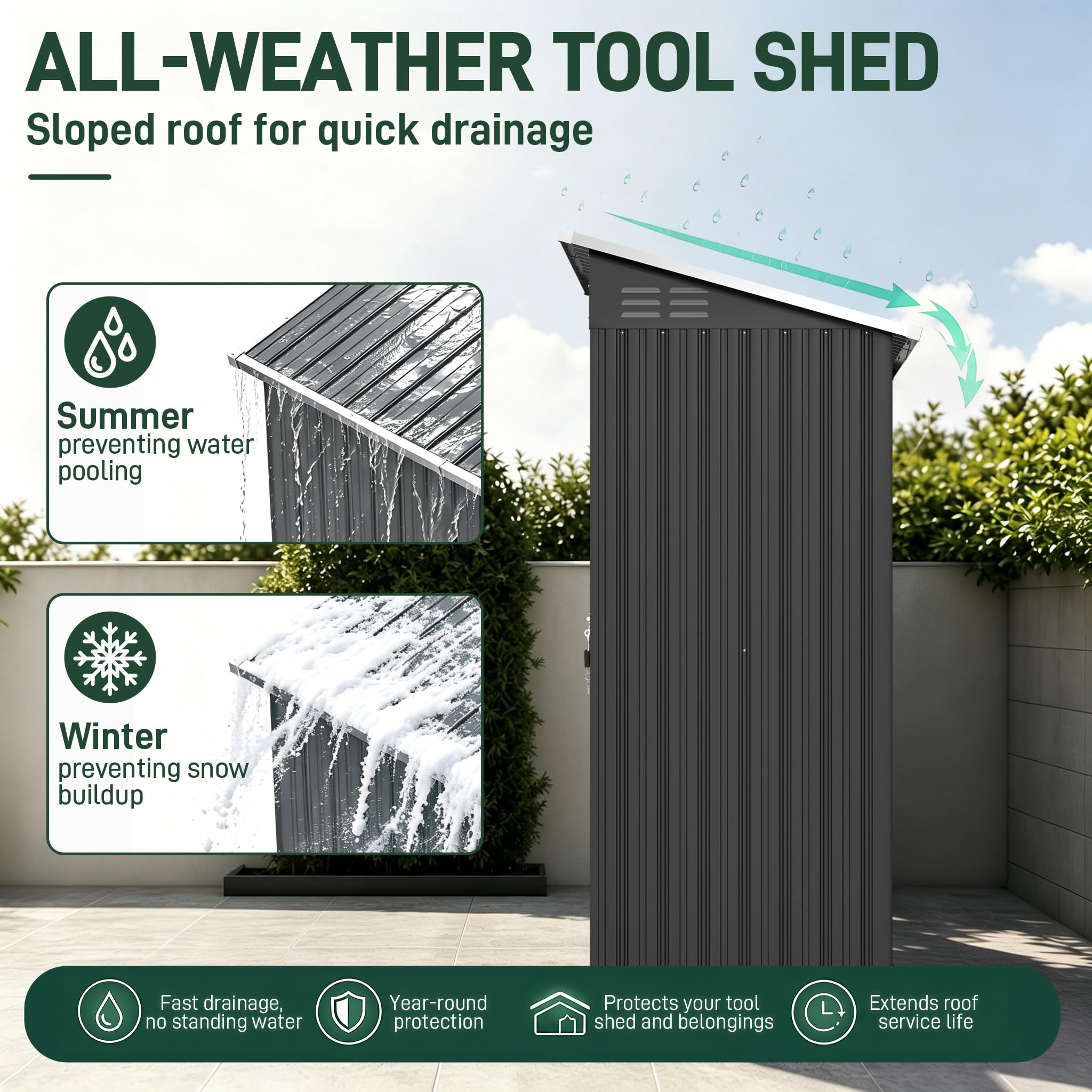 UISEBRT Metall Gerätehaus 1.5 m³ 108x91x185 cm,wetterfester Geräteschuppen mit Schrägdach & Belüftungsöffnungen,abschließbarer Gartenhaus für Gartengeräte, Werkzeuge & Sportartikel,Schwarz