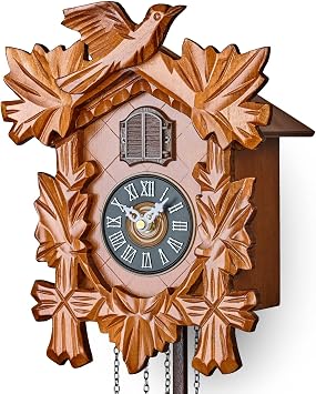 TIMEGEAR Small Cuckoo Clock with Night Mode, Hand Carved Bird and Swinging Pendulum (Cherry)