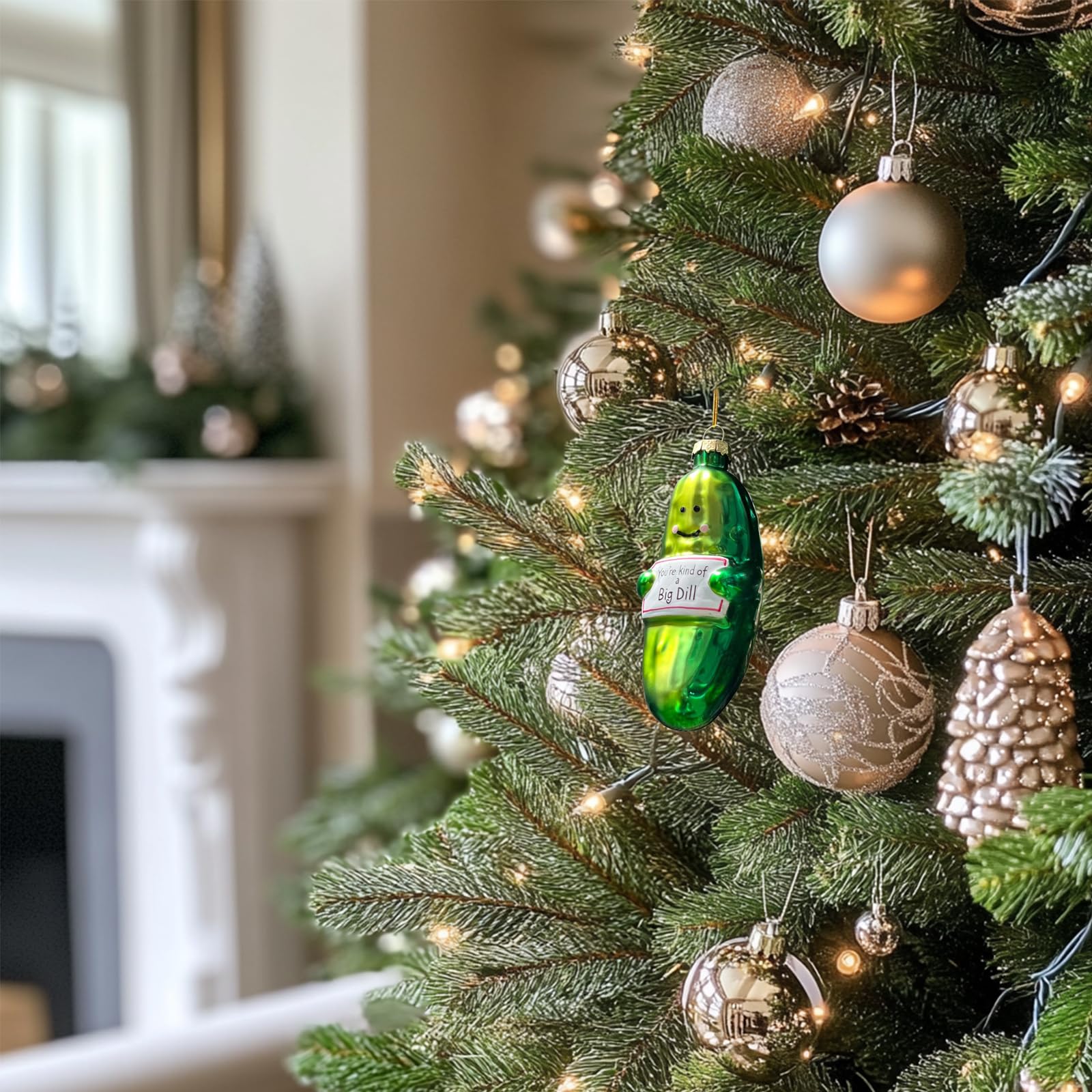 Divertido adorno de pepinillo de cristal soplado a mano para árbol de Navidad, You're Kind of a Big Dill