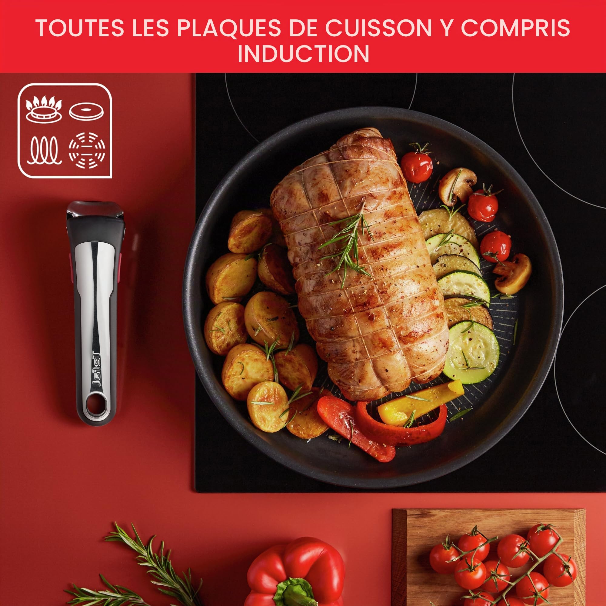 Tefal Ingenio Lot de 3 pièces, Poêles antiadhésives 24/28 cm + poignée amovible, Induction + four, Revêtement antiadhésif, Empilable, Fabriqué en France, Unlimited On L3959143