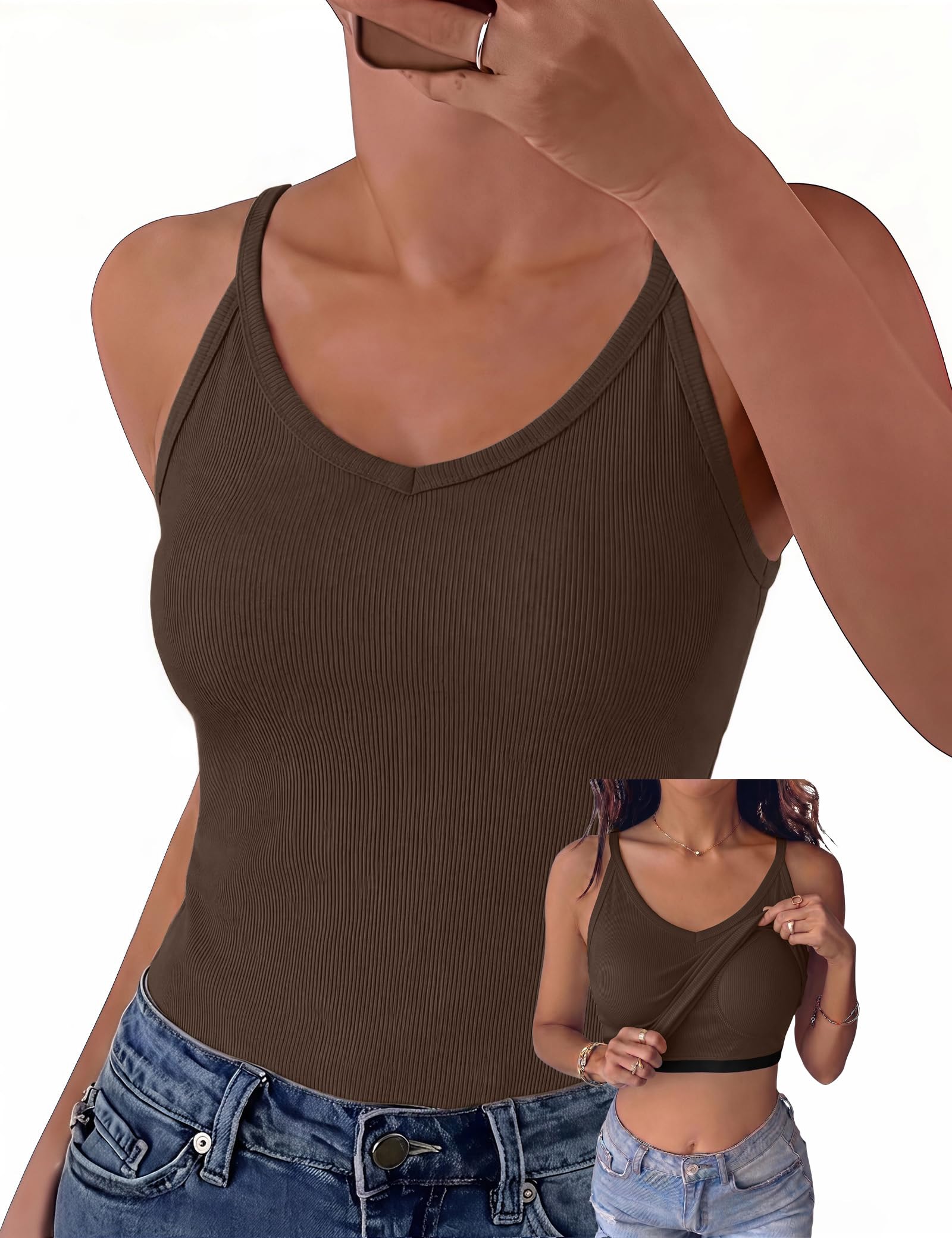Gyabnw Canotta Donna Imbottita Scollo a V Slim a Coste | Coppe imbottite integrate, tessuto a coste elasticizzato e vestibilità slim con spalline sottili per un look femminile