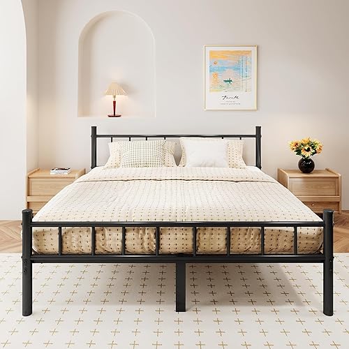 zizin Estructura de Cama de Metal Tamaño Queen con Cabecera y Pie de Cama, Plataforma de Metal de 14 Pulgadas de Altura, Base para Colchón con