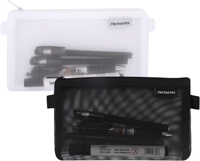 2 Pcs Clear Pencil Cases Mesh Zipper Pencil Pouch Mesh Pen Bag Set Clear Exam Pencil Pouch Women Mesh Cosmetics Bag Toiletry Bag Transparent Stationery Bag Storage Pouch Students Adults White Black