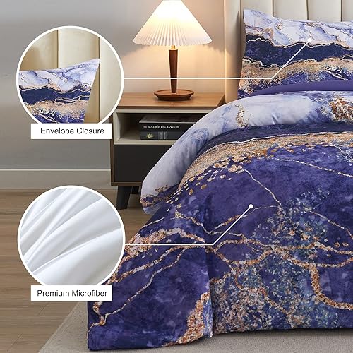 Miniatura 3 de Juego de edredón de mármol acuarela tamaño Queen, juego de ropa de cama morado con textura de piedra abstracta moderna y decoración de lámina