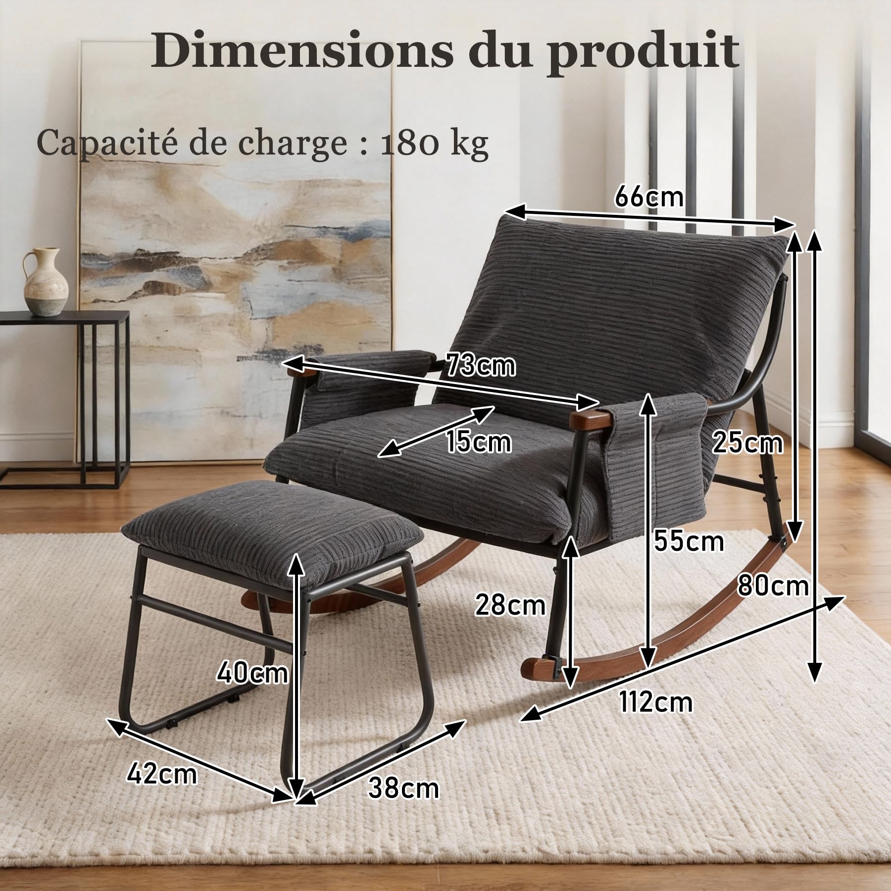 Fauteuil à Bascule Allaitement avec Repose Pieds, Poche latérale, Accoudoirs et Bases en Bois, Rocking Chair pour Salon, Chambre, Balcon, Chambre Bebe,Nursery, Tissu rayé, Marron