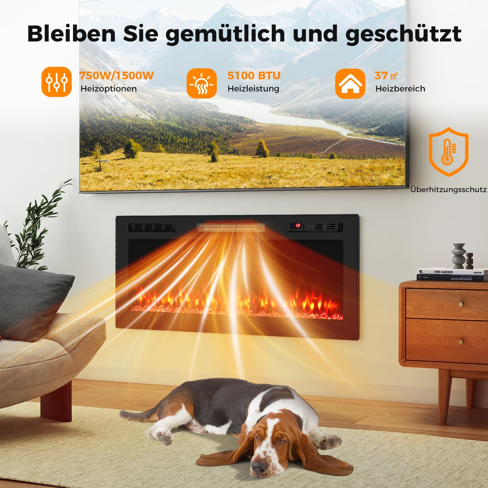 COSTWAY Kominek elektryczny 42", 750 W/1500 W, kominek do zabudowy, kominek ścienny z aplikacją, obsługa Wi-Fi i pilot zdalnego sterowania, kominek elektryczny z 12 kolorami płomienia i żaru, 5